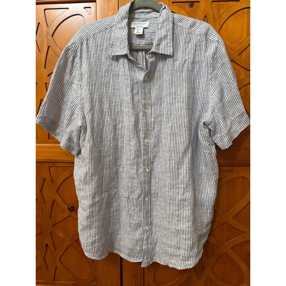 Collection by Michael Strahan Mens XL Blue White Striped 100% Linen Shirt SS